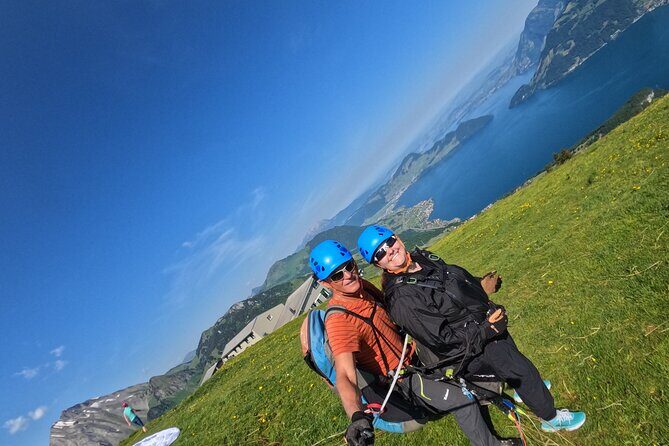 Tandem Paragliding Flight in the Lucerne Region - Safety setup: helmet, gear, and pilots who talk